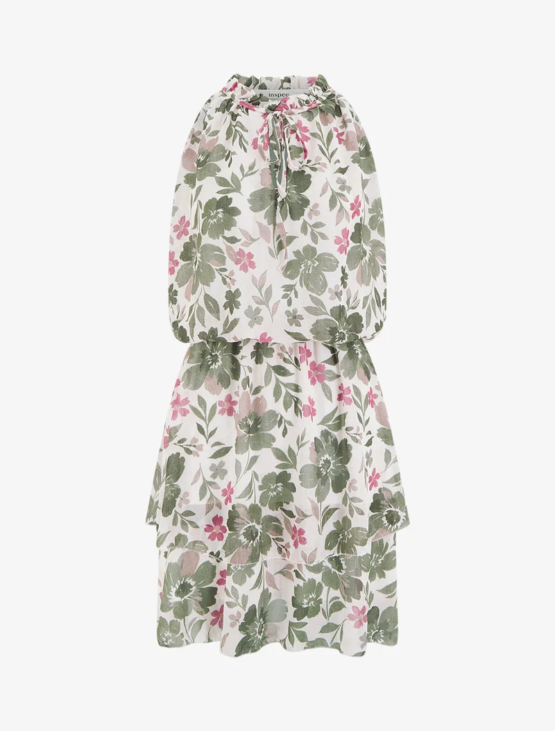 Robe imprimé fleuri à taille élastiquée - Kaki