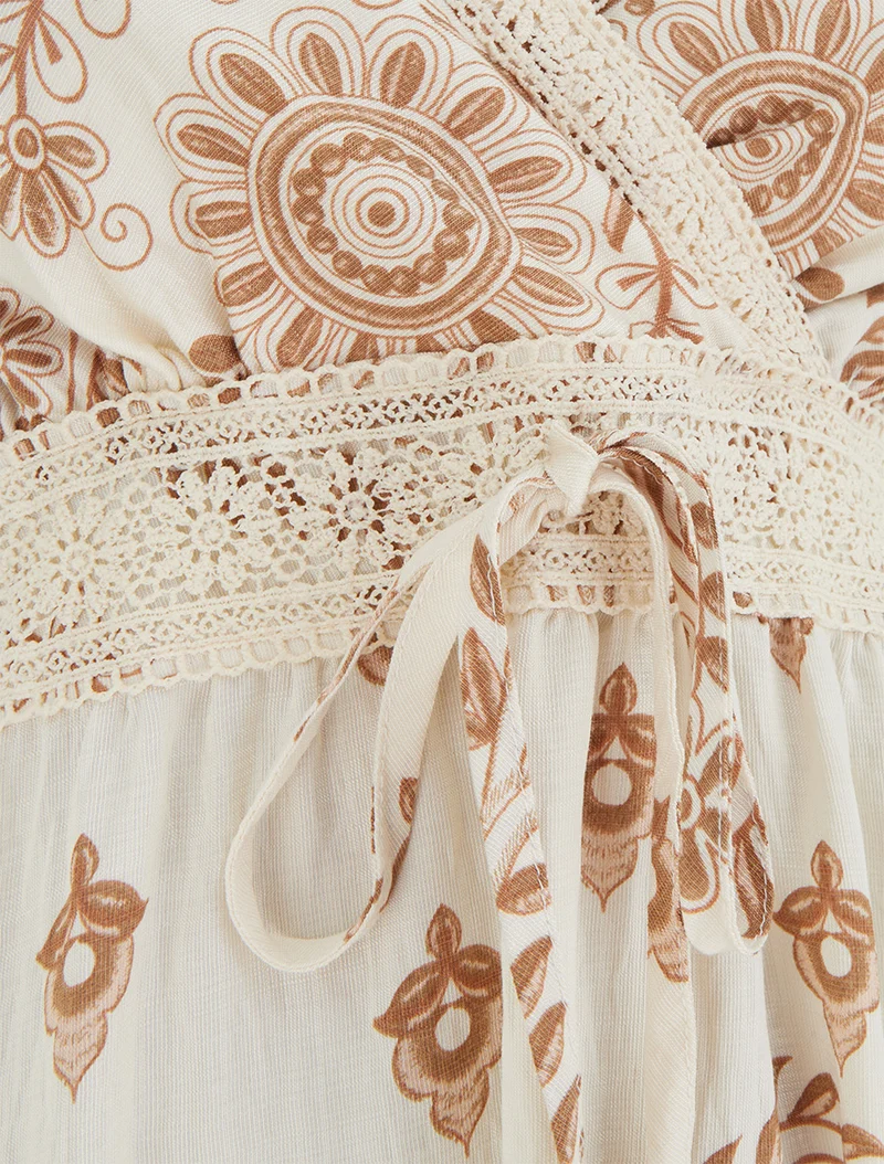 Robe imprimé foulard et fines bretelles - Camel