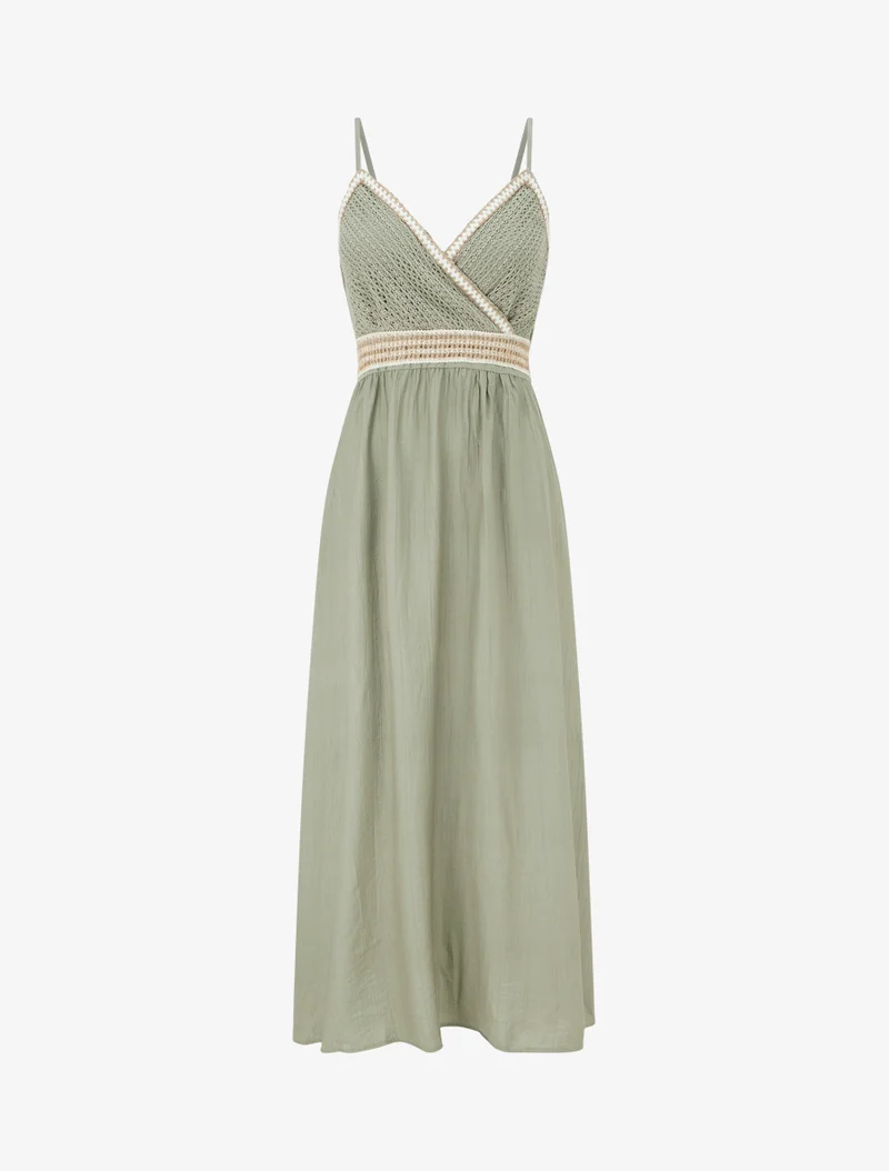 Robe longue uni à buste brodé - Kaki