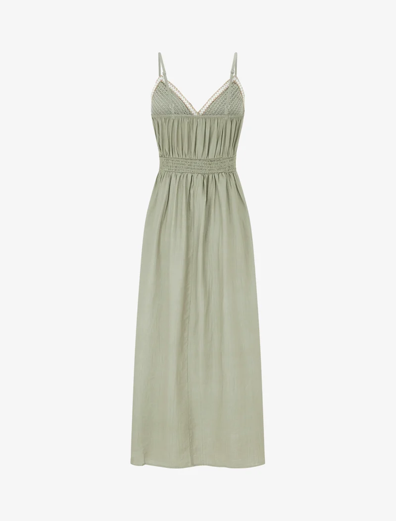 Robe longue uni à buste brodé - Kaki