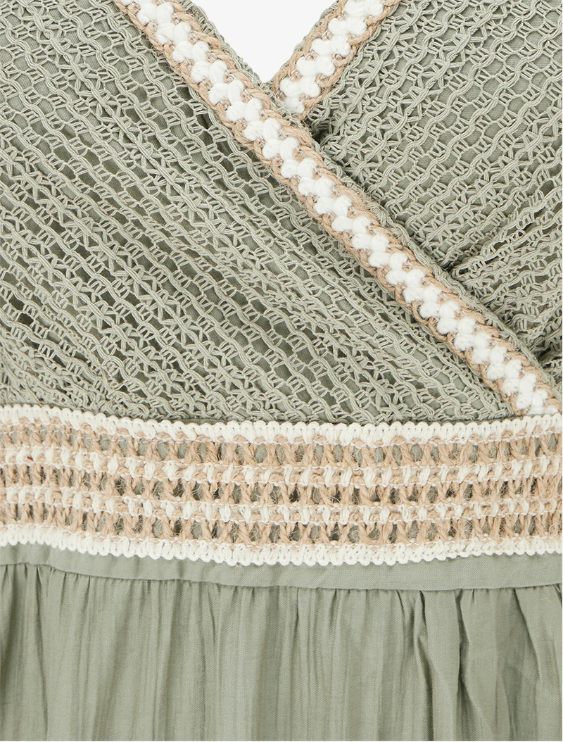 Robe longue uni à buste brodé - Kaki