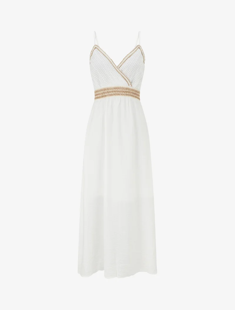 Robe longue uni à buste brodé - Écru