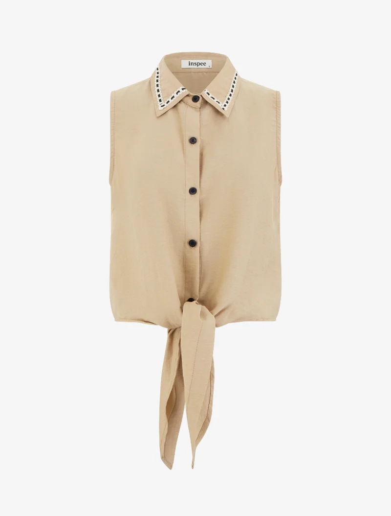 Chemise courte boutonnée à nouer - Taupe