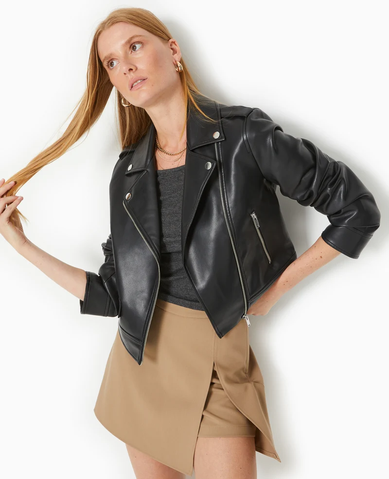 Blouson biker court en simili cuir