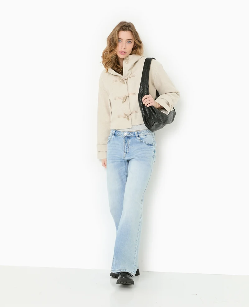 Manteau court effet drap de laine avec capuche