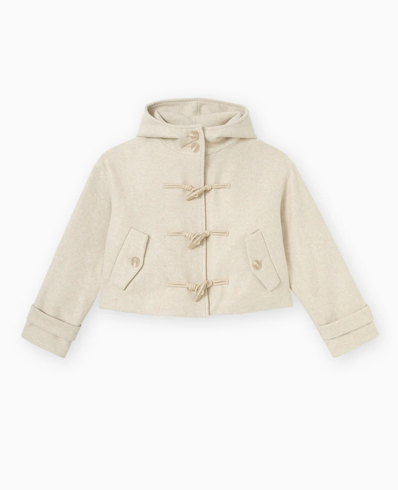 Manteau court effet drap de laine avec capuche