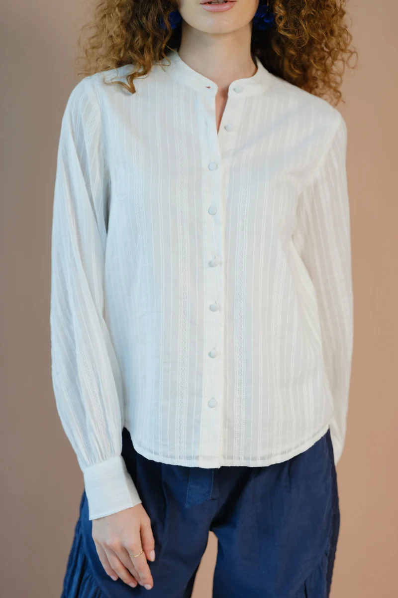 Sora|100% Cotton Balloon Sleeve Button Down Top