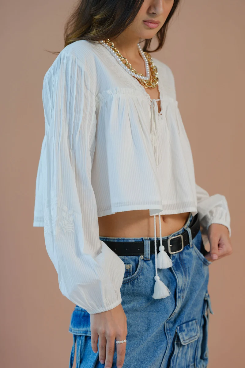 Krya|100% Cotton Long Sleeve Tie-Up Top