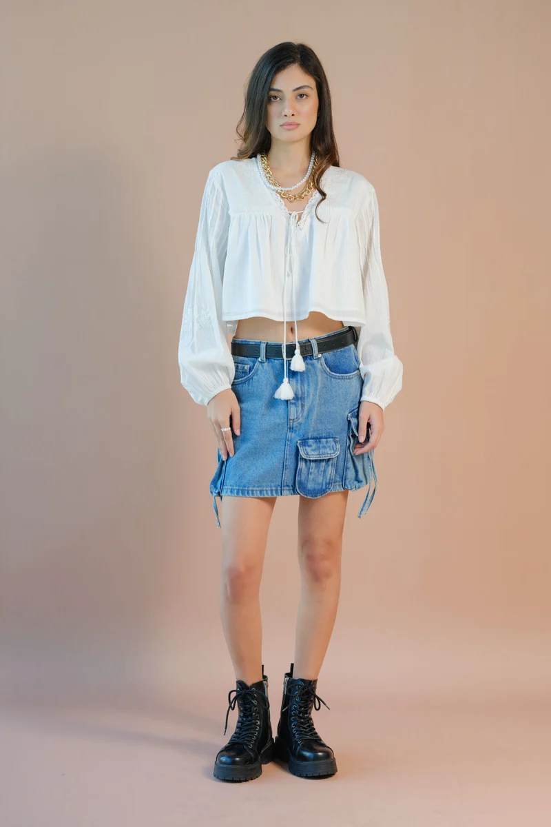 Krya|100% Cotton Long Sleeve Tie-Up Top
