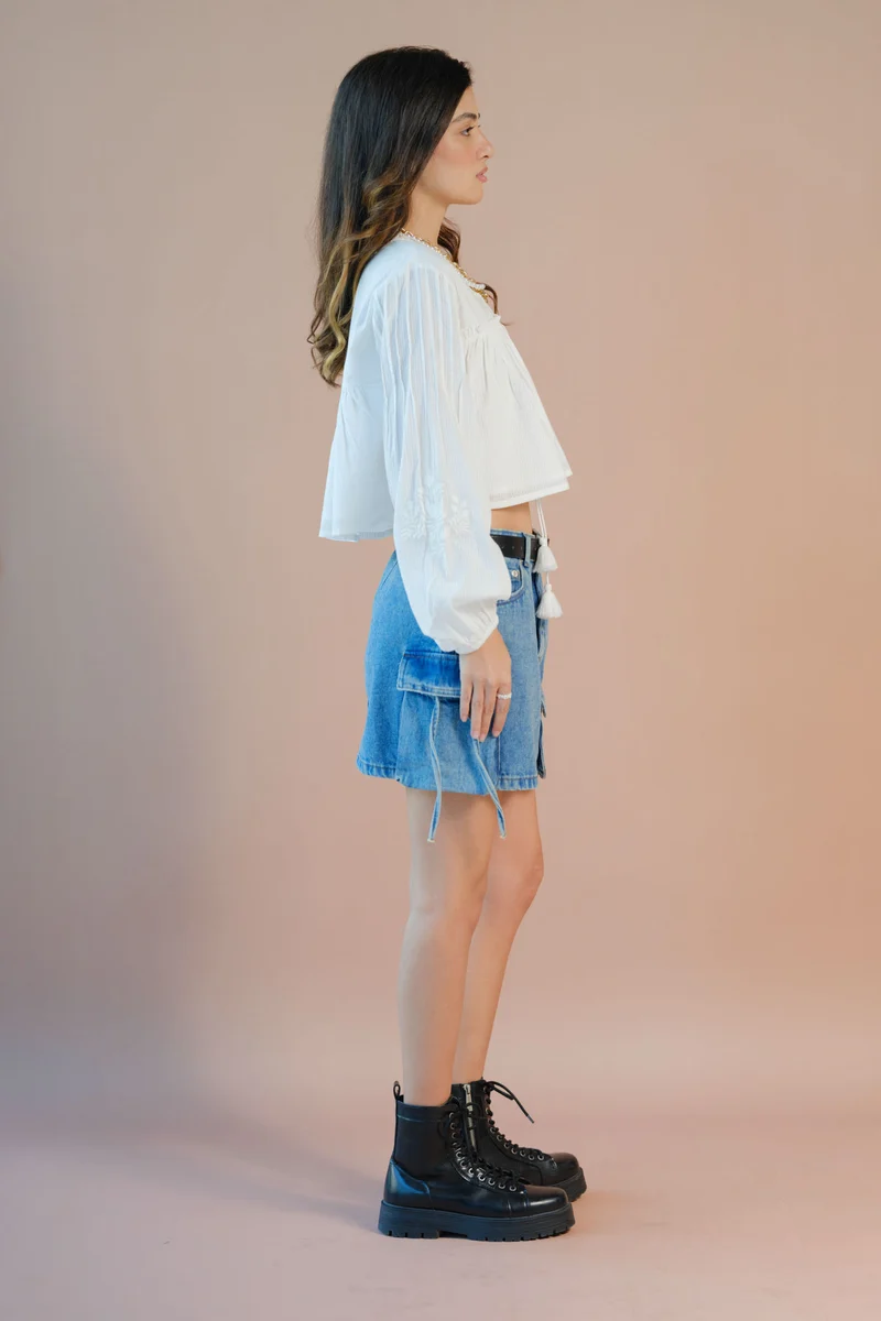 Krya|100% Cotton Long Sleeve Tie-Up Top