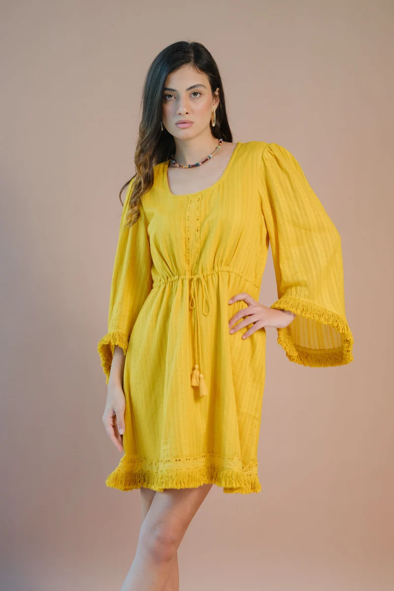Oshin|100% Cotton Tie-Up Waist Bell Sleeve Dress