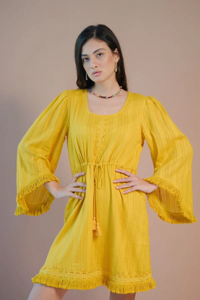 Oshin|100% Cotton Tie-Up Waist Bell Sleeve Dress