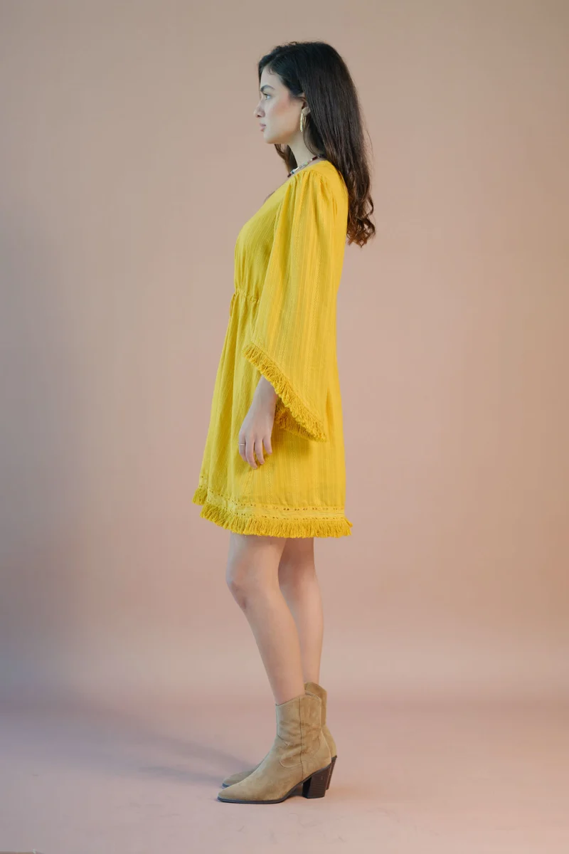 Oshin|100% Cotton Tie-Up Waist Bell Sleeve Dress