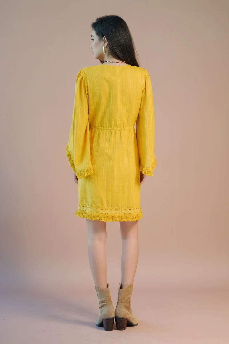 Oshin|100% Cotton Tie-Up Waist Bell Sleeve Dress