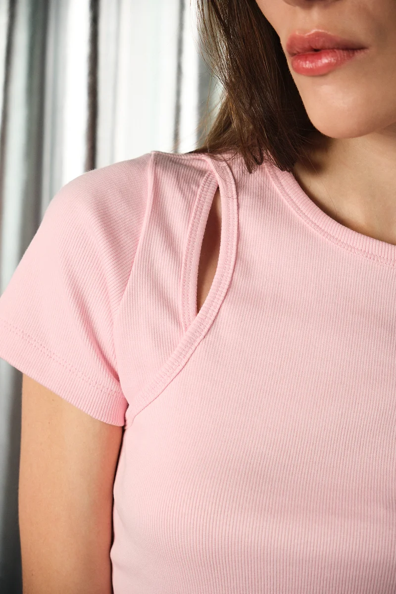 Kezza|Cotton Stretch Pink Cutout Ribbed Top