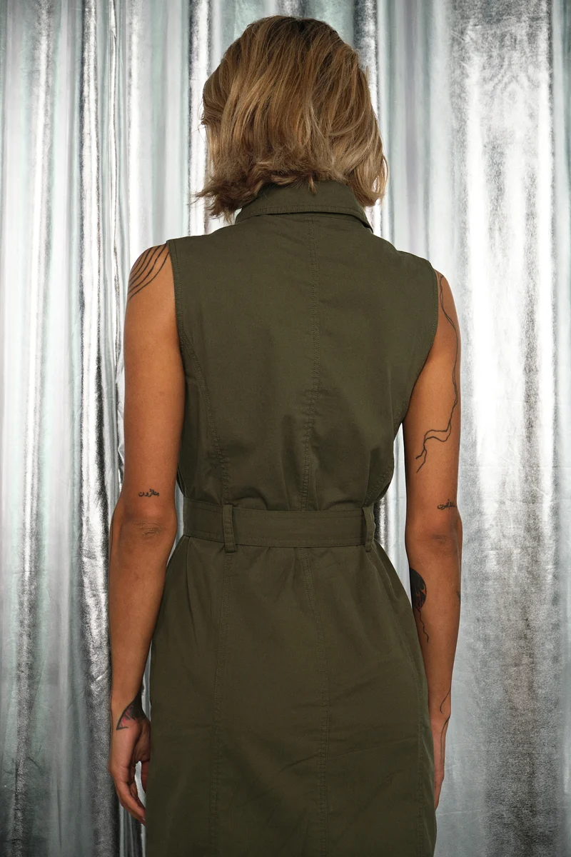 Olive|100% Cotton Front Open Twill Dress With Belt