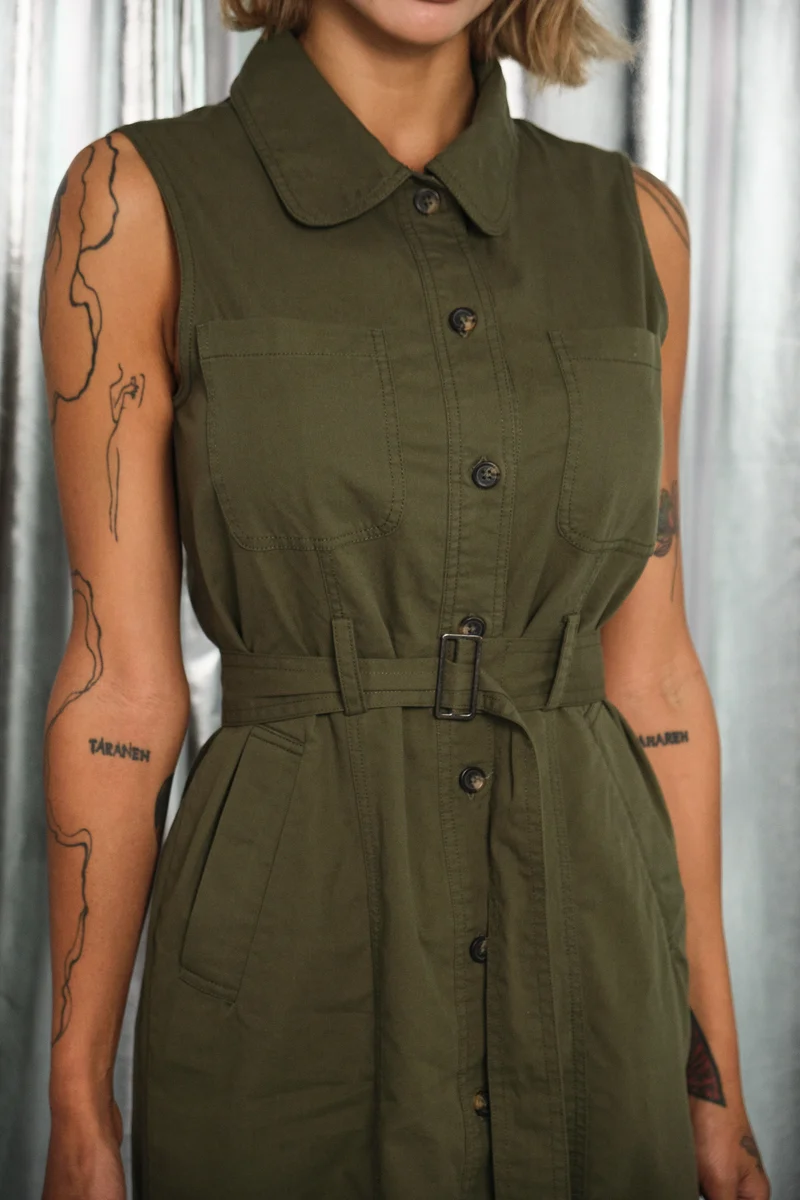 Olive|100% Cotton Front Open Twill Dress With Belt