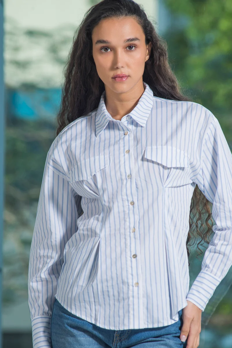 Tinae|100% Cotton Fitted Stripe Shirt With Flap