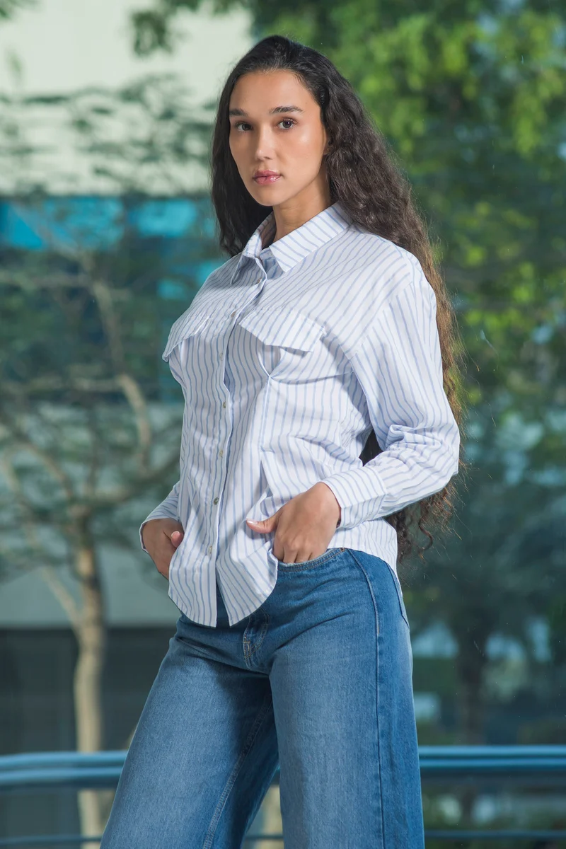 Tinae|100% Cotton Fitted Stripe Shirt With Flap
