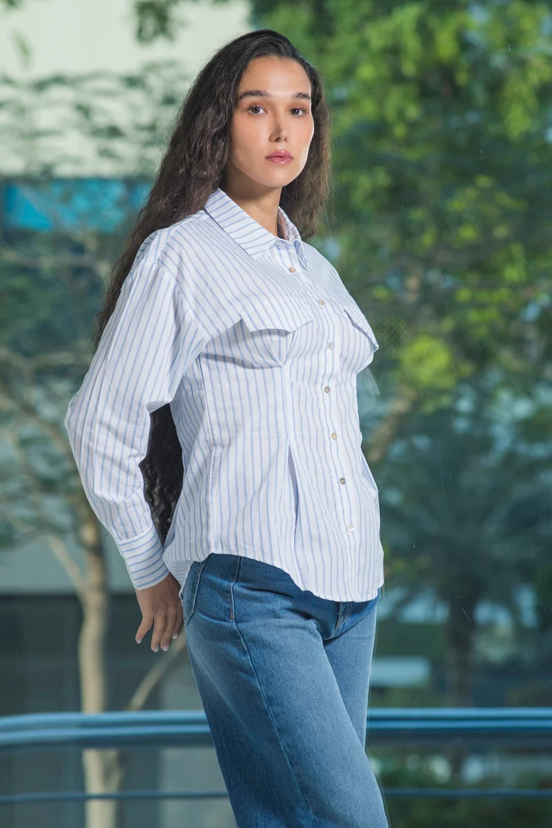 Tinae|100% Cotton Fitted Stripe Shirt With Flap