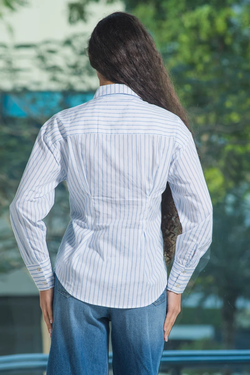 Tinae|100% Cotton Fitted Stripe Shirt With Flap