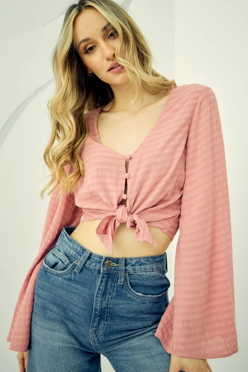 Sugar|100% Viscose Textured Front Tie-Up Blouse