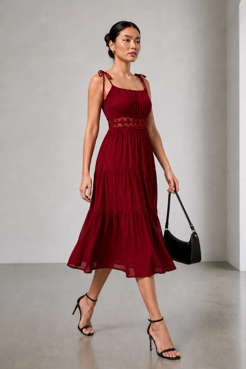 Sefina|100% Viscose Dress With Intricate Contrast Embroidery