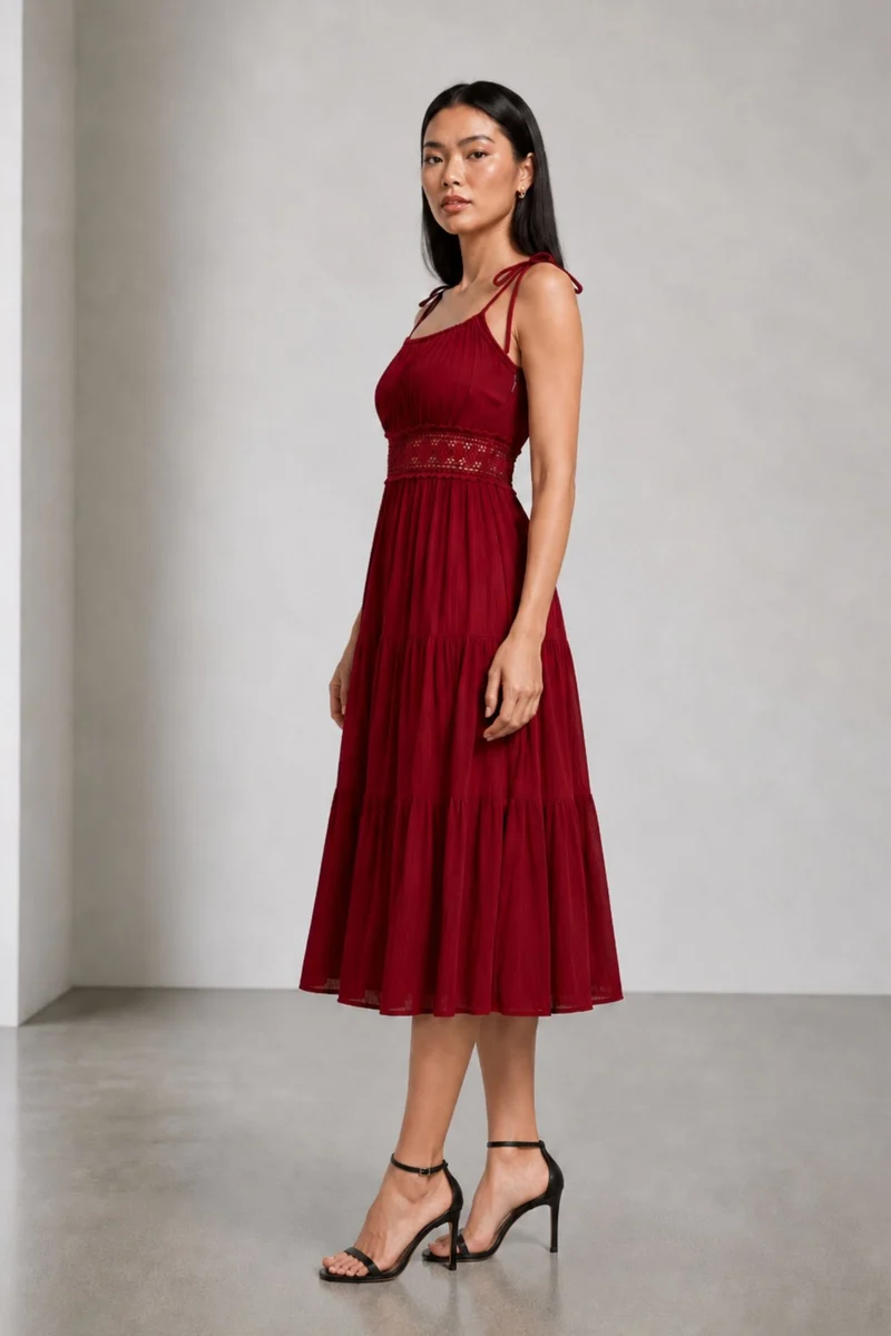 Sefina|100% Viscose Dress With Intricate Contrast Embroidery