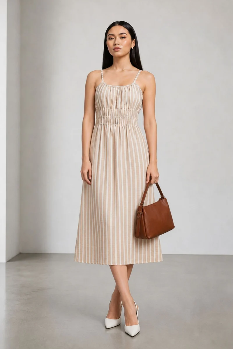 Rui|100% Cotton Striped Midi Dress With Ruched Bodice