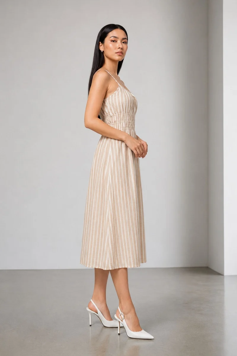 Rui|100% Cotton Striped Midi Dress With Ruched Bodice