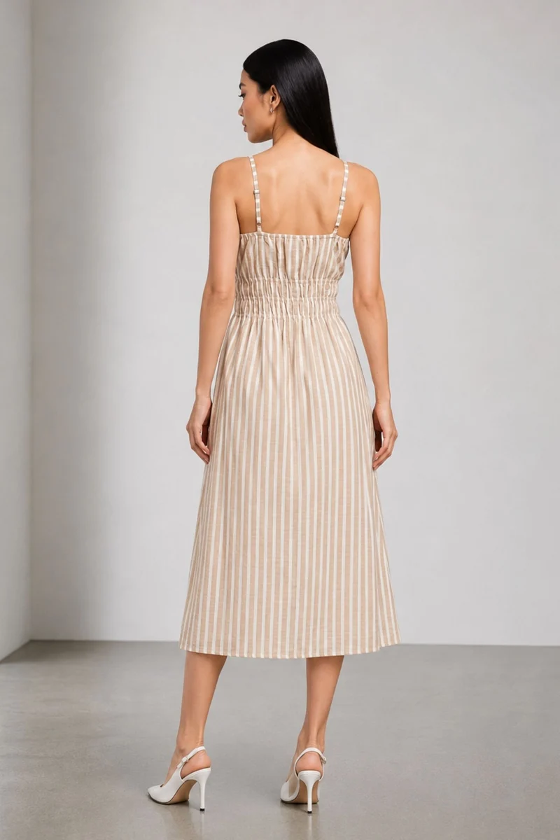 Rui|100% Cotton Striped Midi Dress With Ruched Bodice