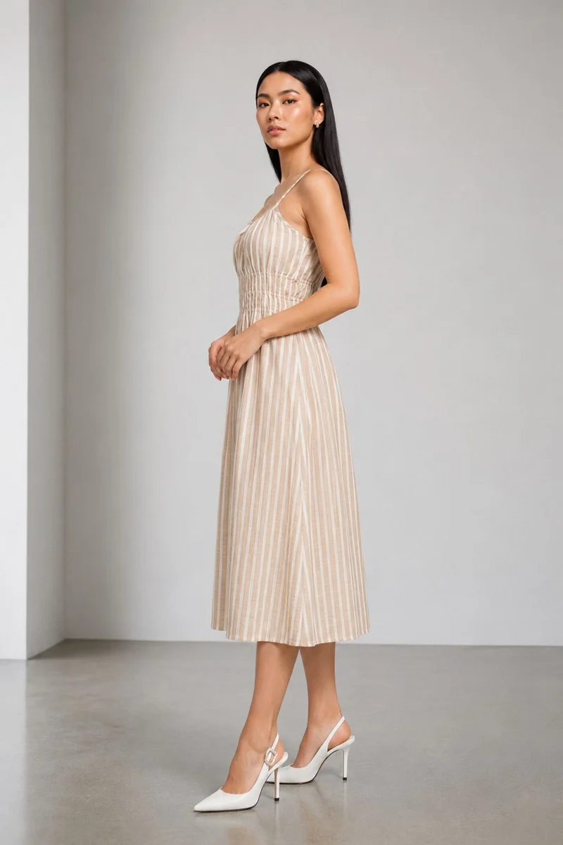 Rui|100% Cotton Striped Midi Dress With Ruched Bodice