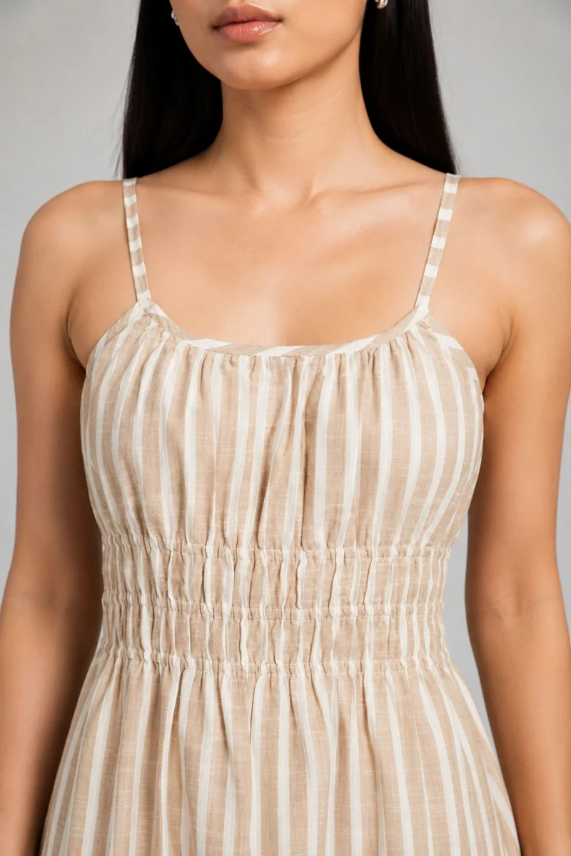 Rui|100% Cotton Striped Midi Dress With Ruched Bodice