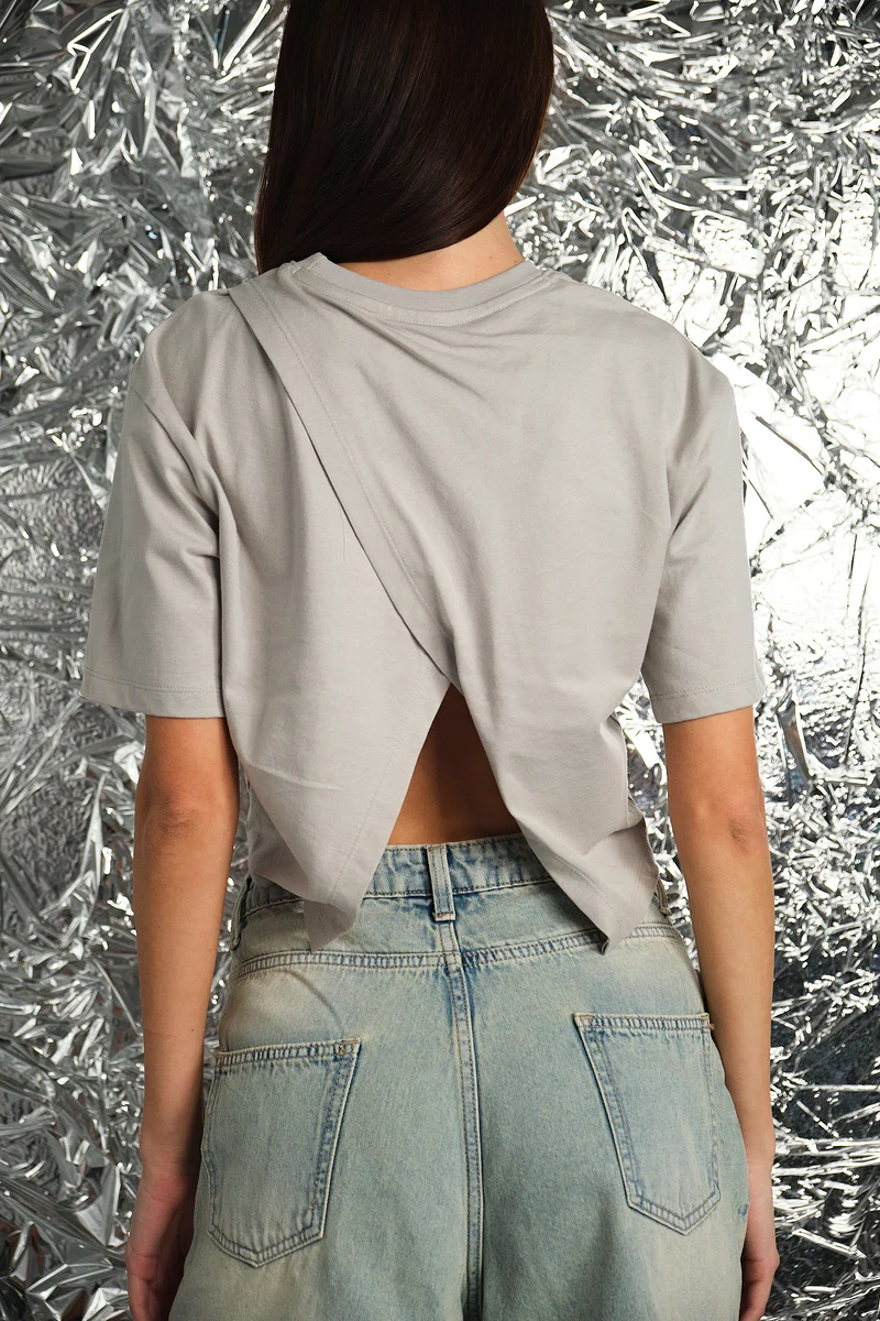 Yosha|100% Cotton Grey Overlap Knit Tee