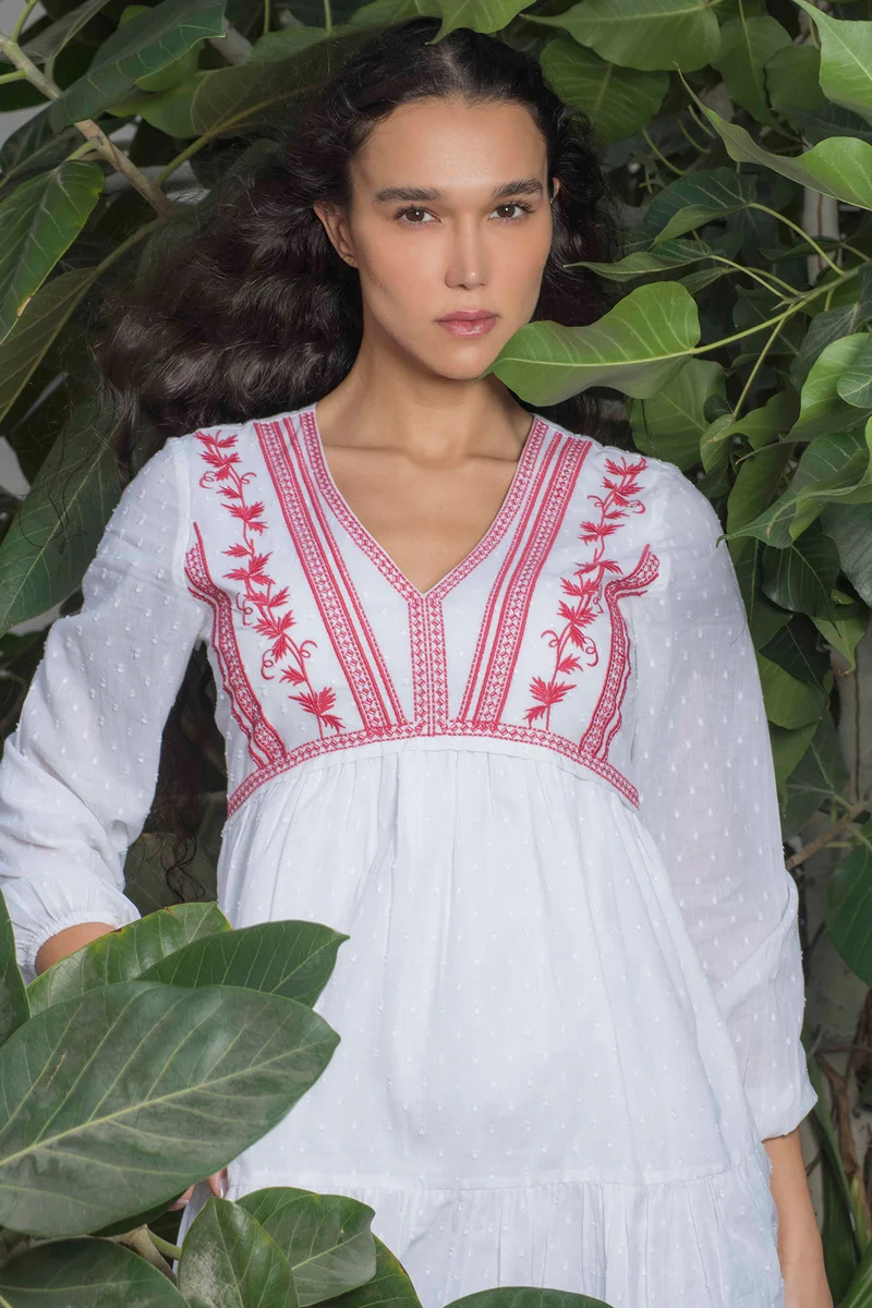 Sarra|100% Cotton Dress With Intricate Contrast Embroidery