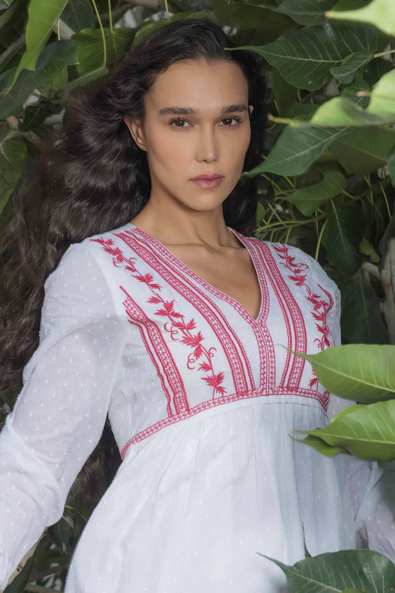 Sarra|100% Cotton Dress With Intricate Contrast Embroidery
