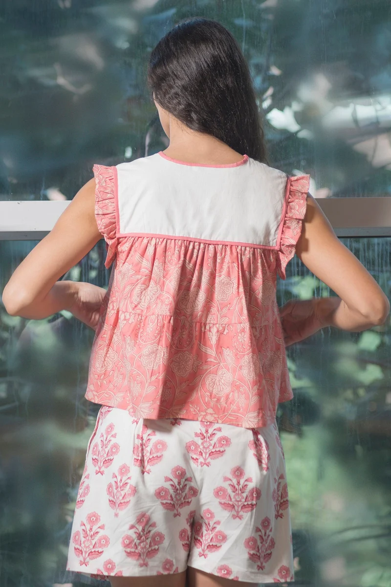 Tsering|100% Cotton Flutter Sleeve Block Print Top