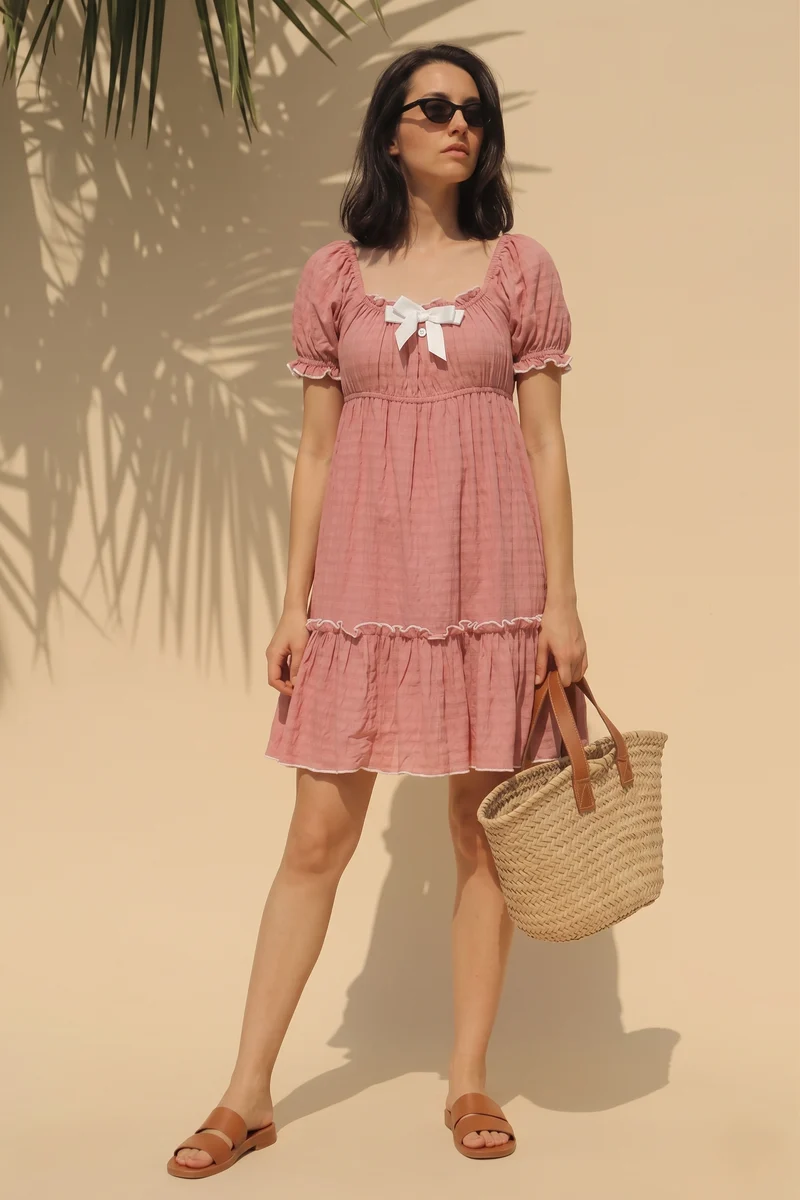 Angel|100% Viscose Ruffled Bow Mini Dress