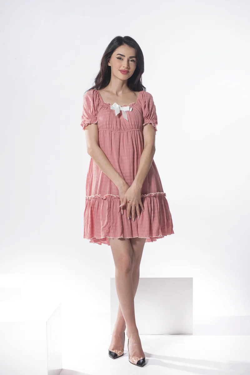 Angel|100% Viscose Ruffled Bow Mini Dress