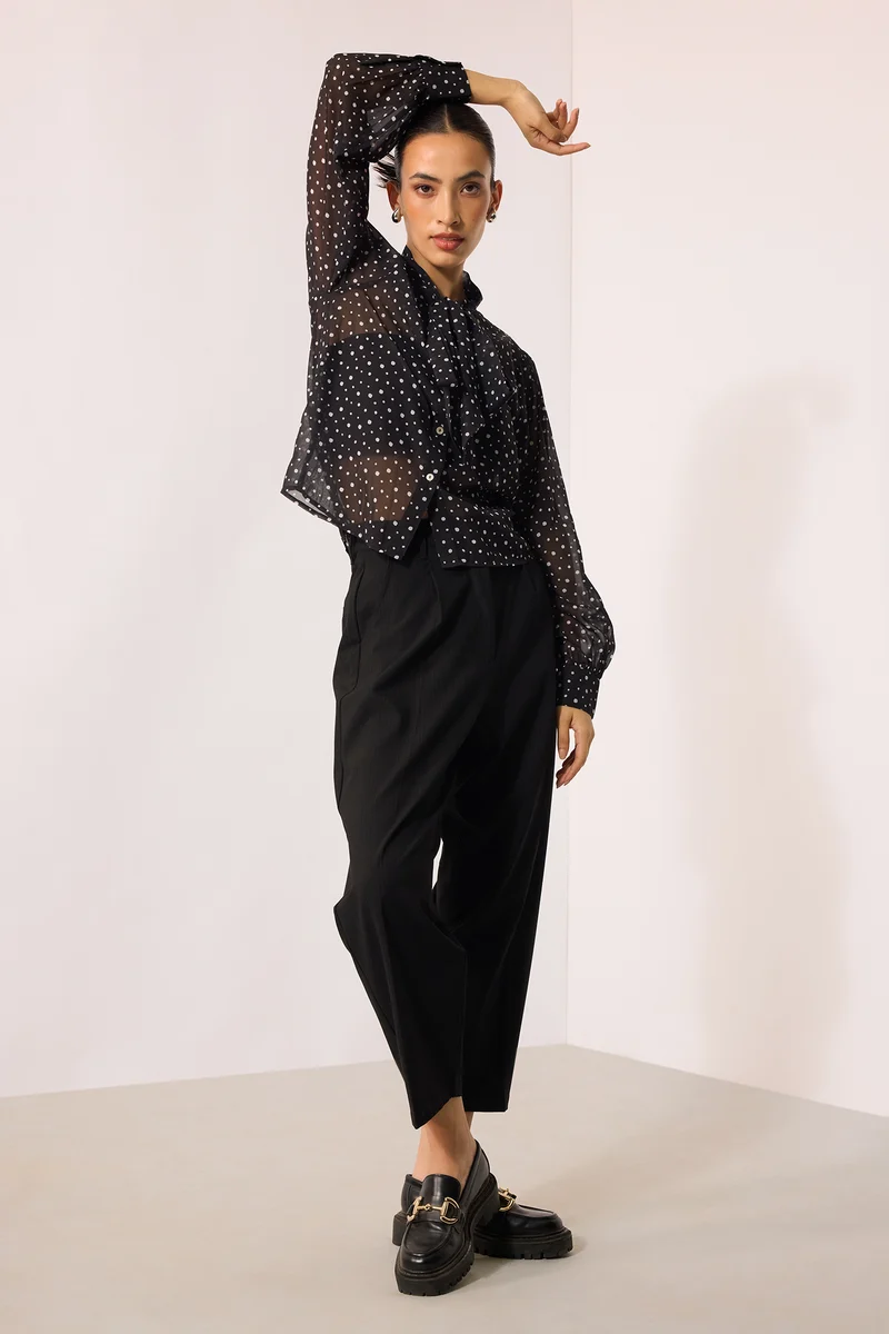 Meghan|Georgette Polka Top With Tie-Up At Neck