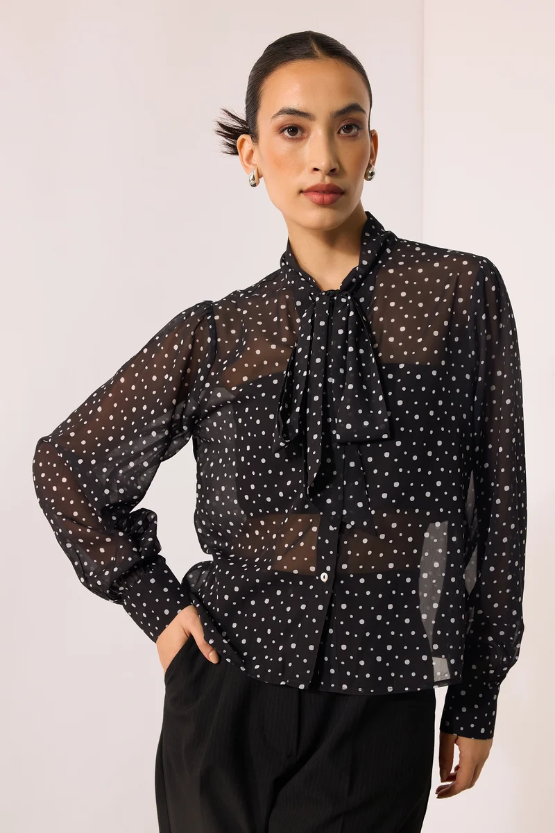 Meghan|Georgette Polka Top With Tie-Up At Neck