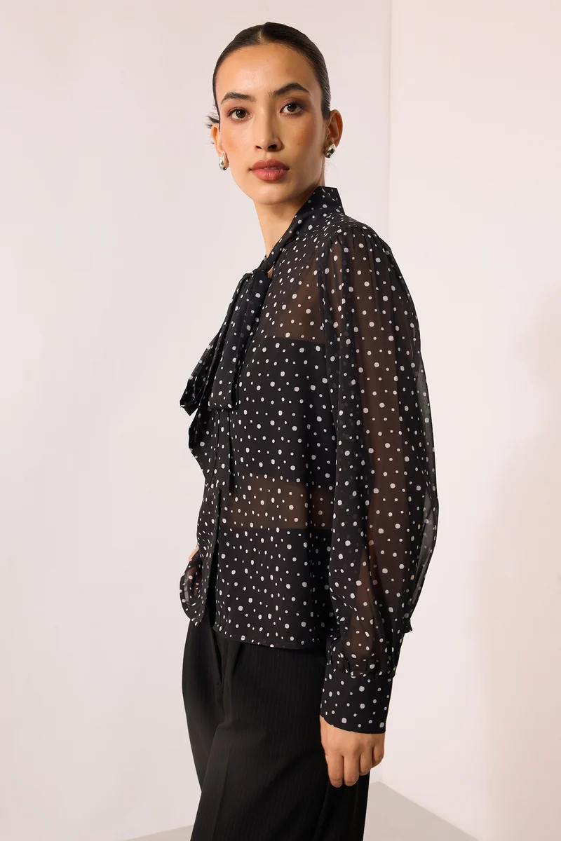 Meghan|Georgette Polka Top With Tie-Up At Neck