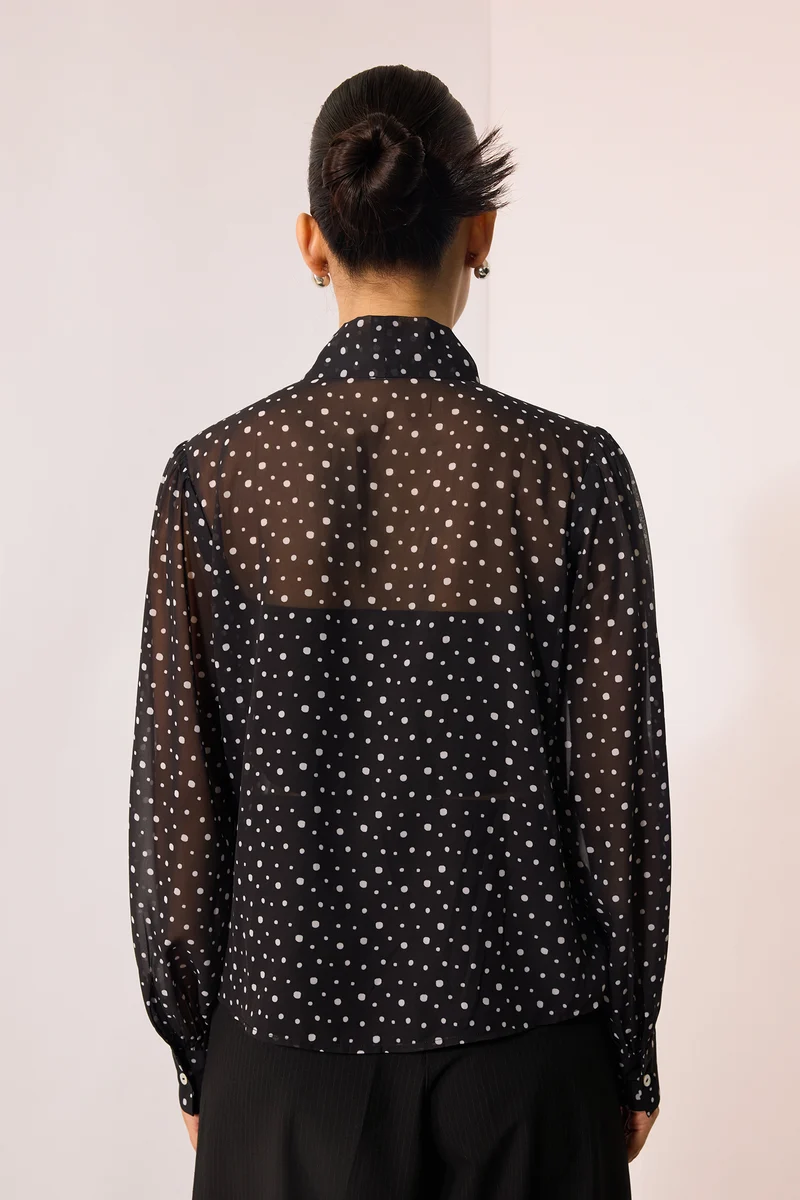 Meghan|Georgette Polka Top With Tie-Up At Neck