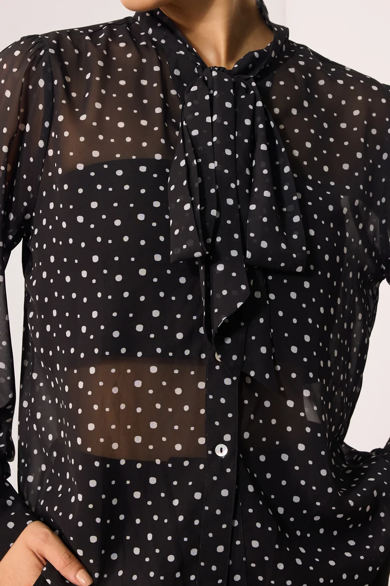 Meghan|Georgette Polka Top With Tie-Up At Neck