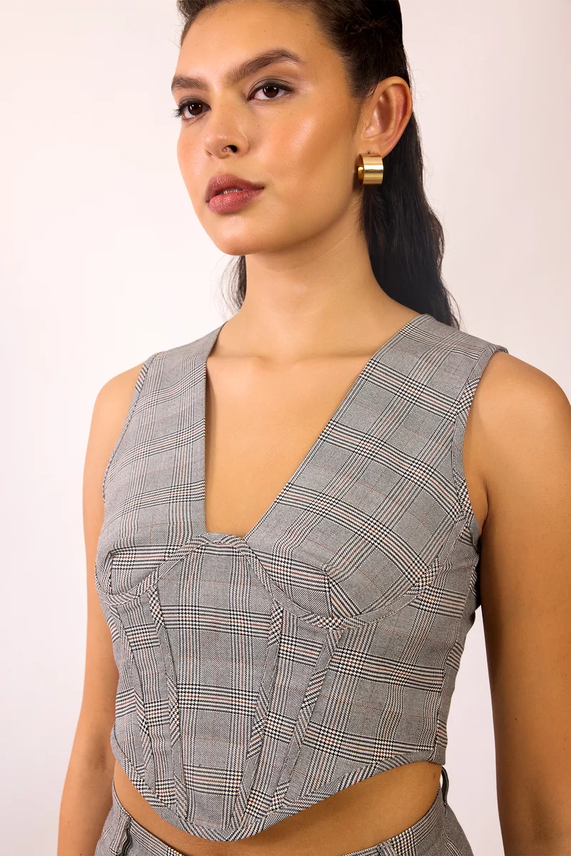 Denise|Viscose V-Neck Grey Corset Crop Top