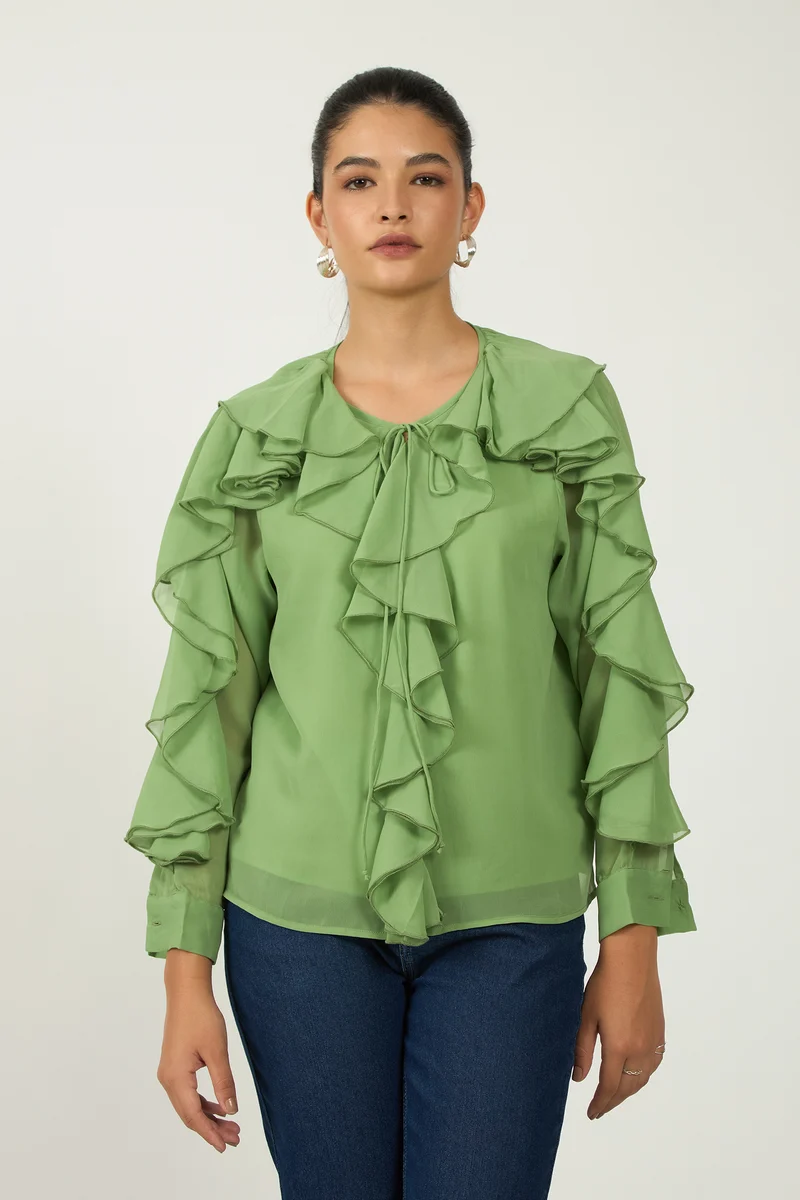 Shonda|Georgette Green Ruffle Blouse