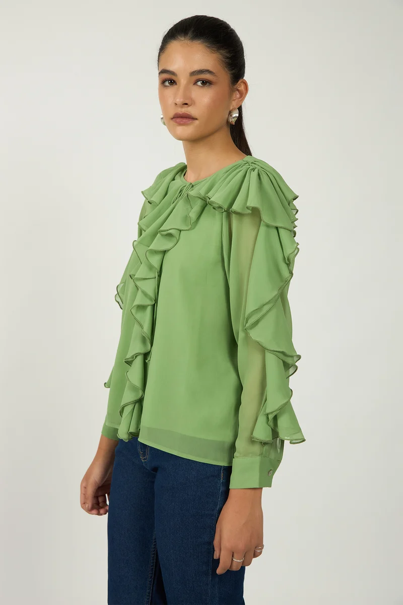 Shonda|Georgette Green Ruffle Blouse
