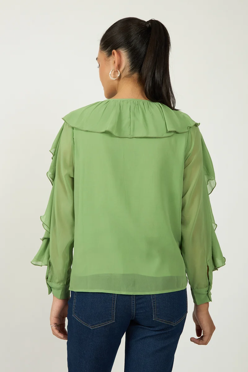 Shonda|Georgette Green Ruffle Blouse
