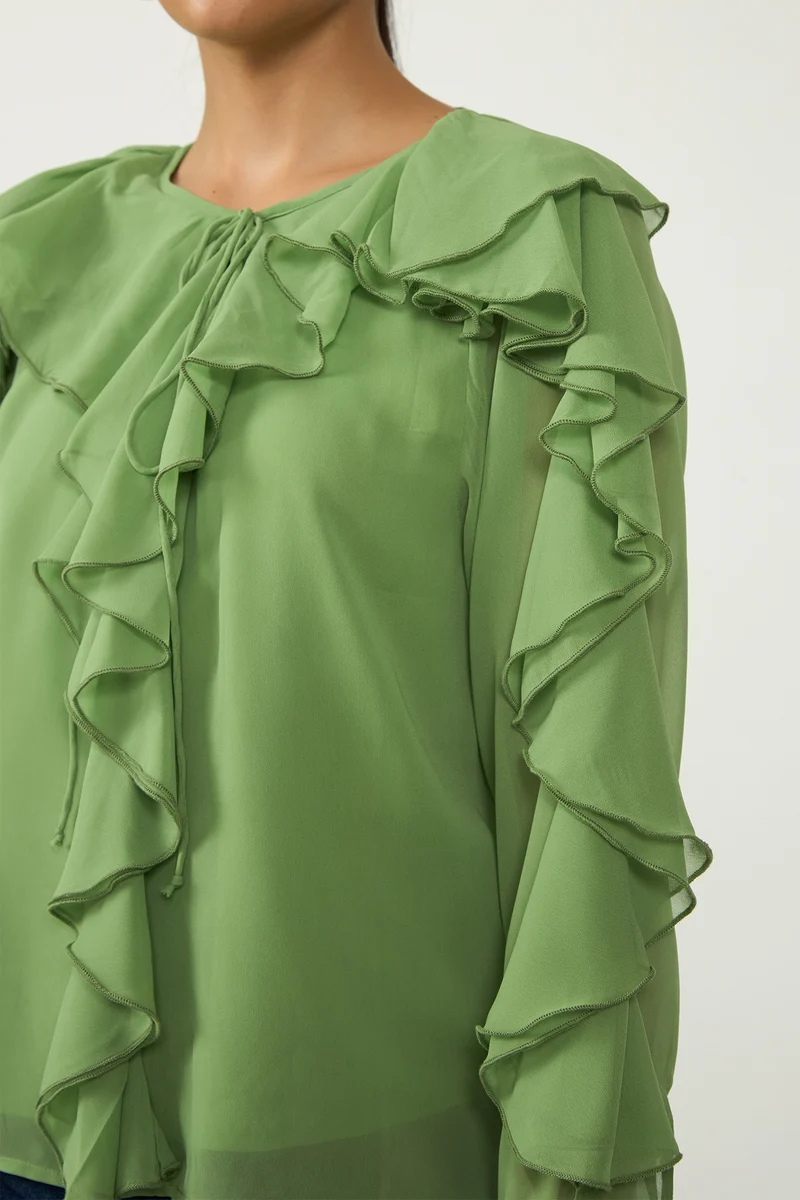 Shonda|Georgette Green Ruffle Blouse