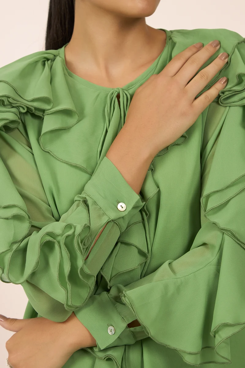 Shonda|Georgette Green Ruffle Blouse